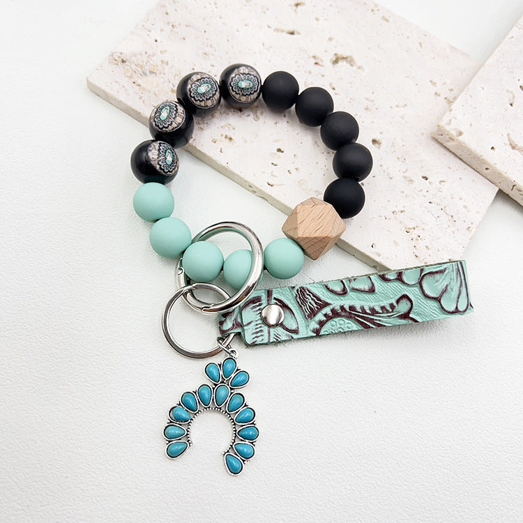 Wholesale Western Wood Beads Handmade Beaded Genuine Leather Embossed Wrist Keychain